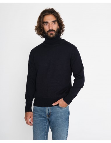 Pull col roulé en laine mérinos bio bleu marine en linge