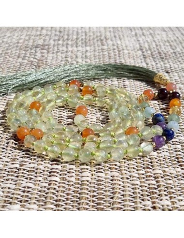 Collier mala Prehnite - Cornaline 7 Chakras - 108 perles 6mm de pas cher