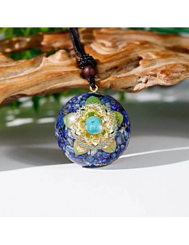 Pendentif orgonite Dome Lapis-lazuli Turquoise Fleur de lotus ciselée les ctes