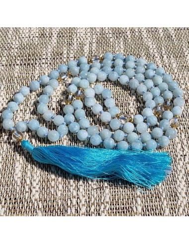 Collier mala Aigue-marine et Cristal 108 perles 8 ou 6 mm soldes